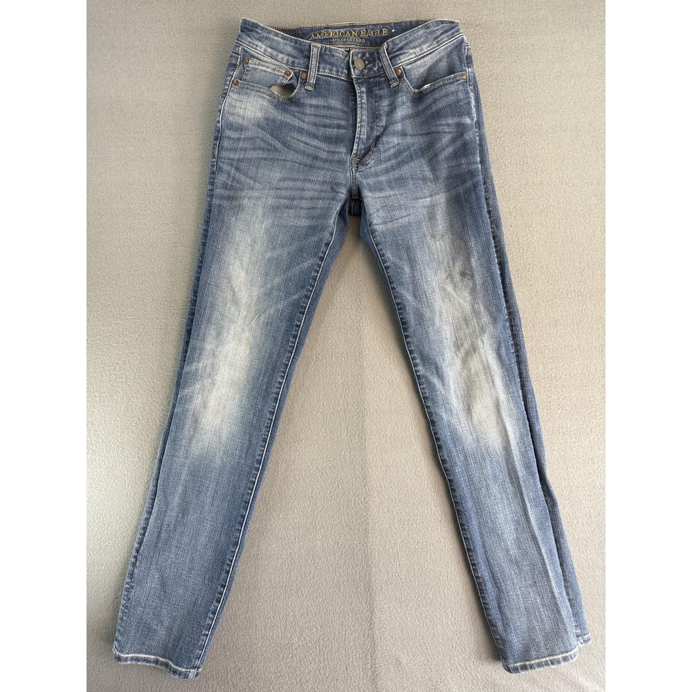 American Eagle Slim Straight Jeans Mens 29x34 Med Blue Distressed Extreme Flex